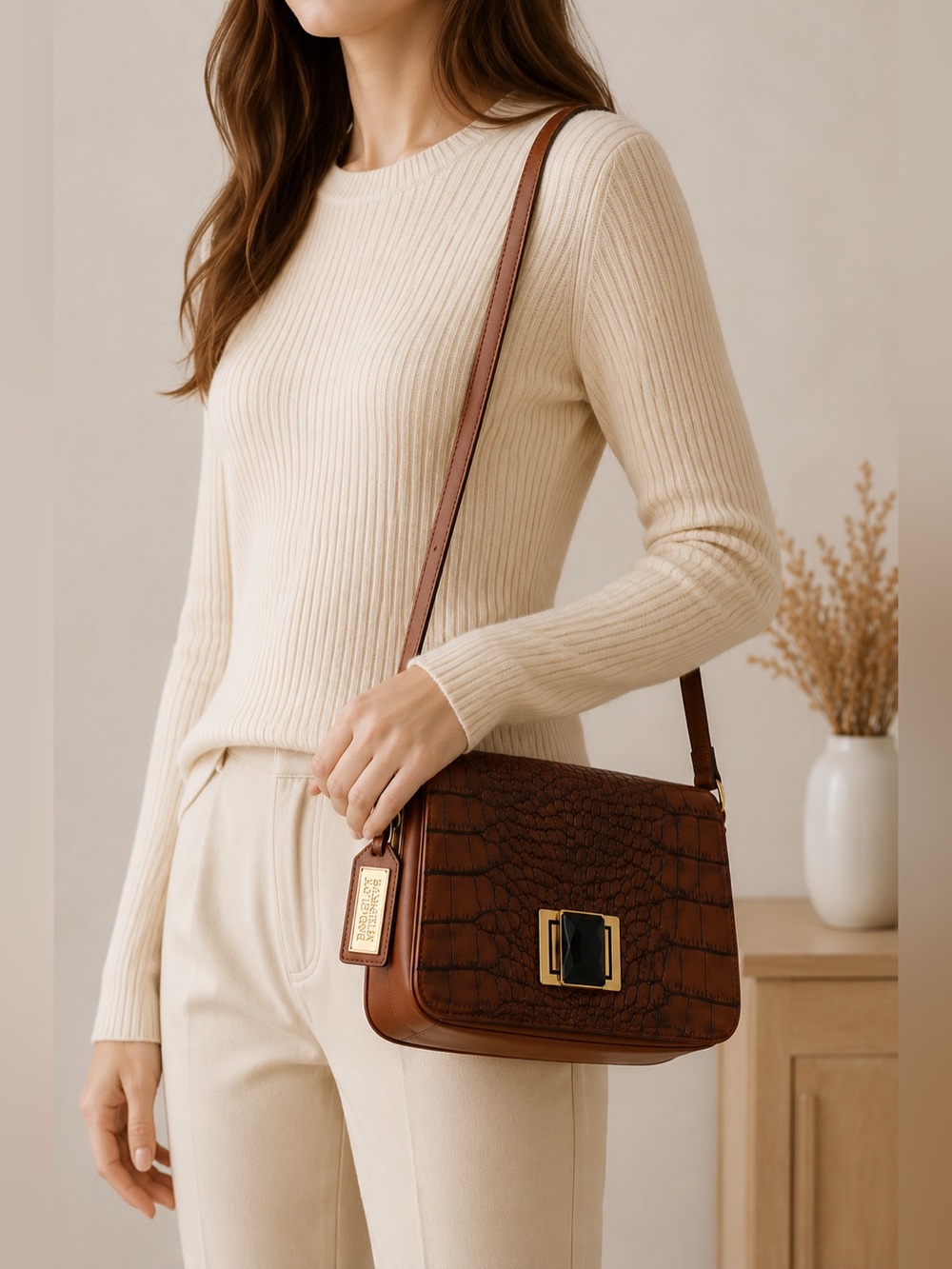 Badgley Mischka Genuine Leather Croc Embossed Shoulder Bag Brown - Picture 8 of 8